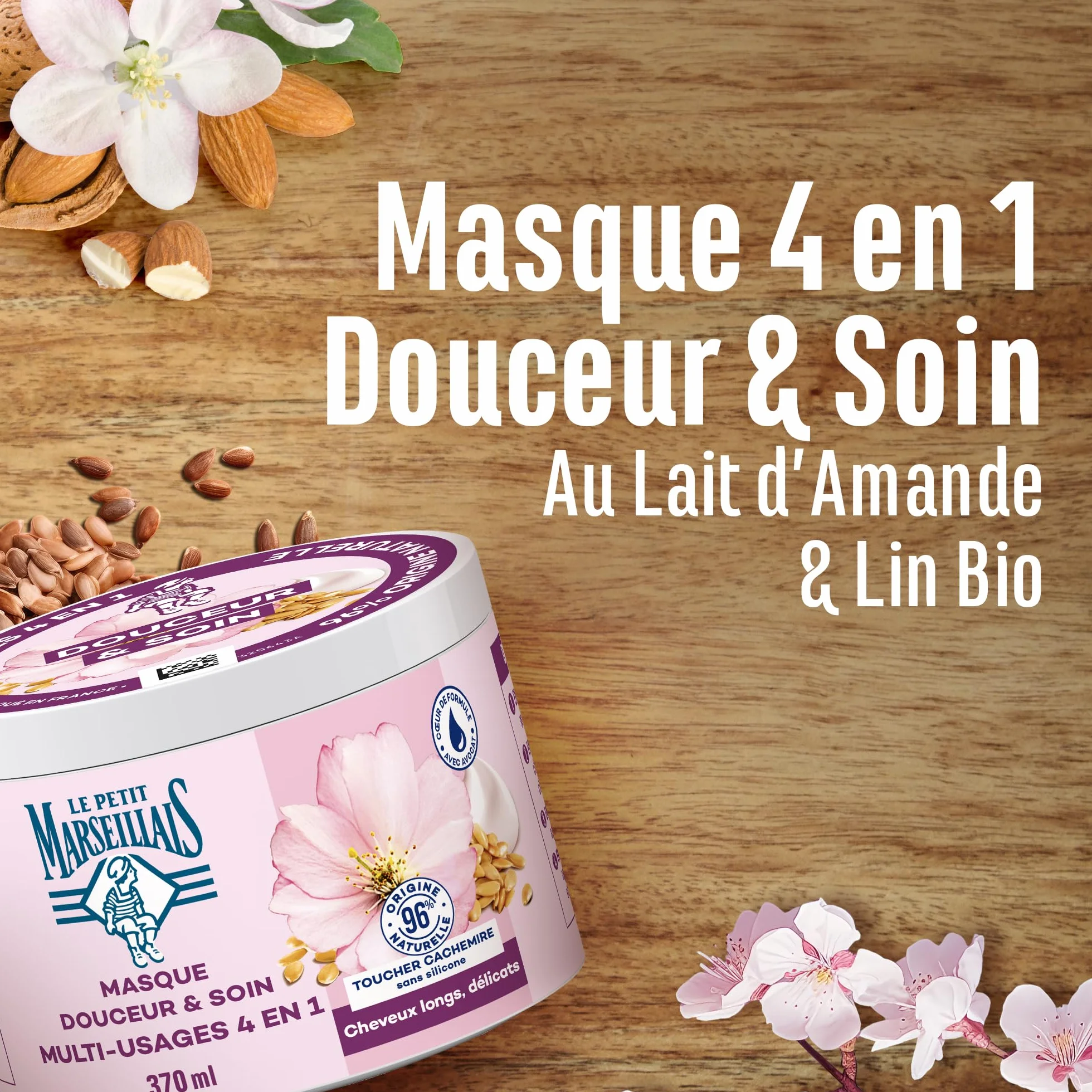 Le Petit Marseillais Masque Douceur et Soin Multi-Usage 4 en 1 Lait d'Amande et Lin Bio 370 Ml Masque Cheveux sans Silicone
