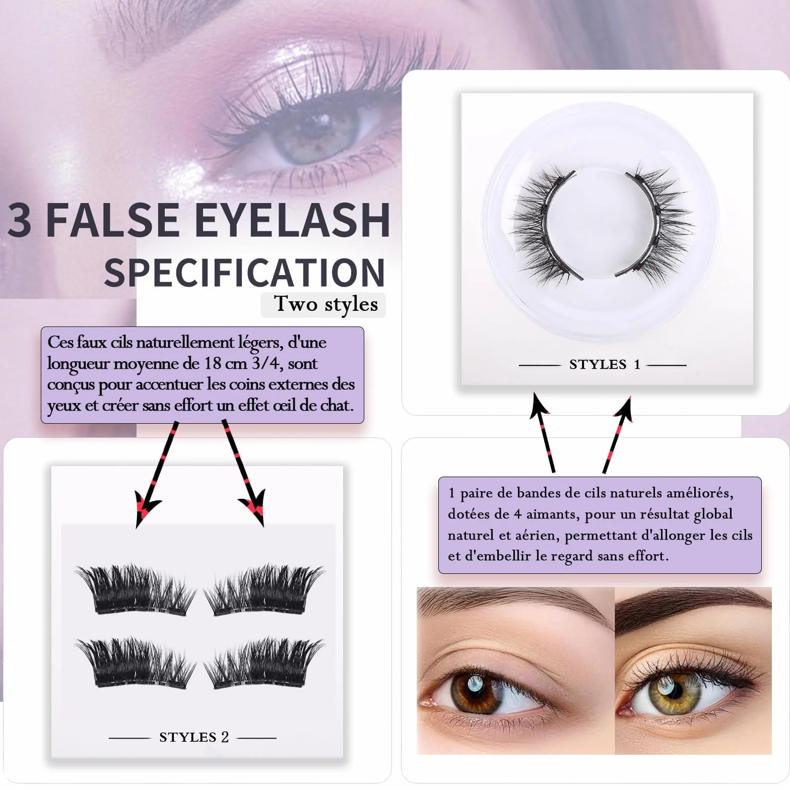 Faux Cils Magnétique 3 Paires Naturel 3D Waterproof Réutilisables avec Applicateur