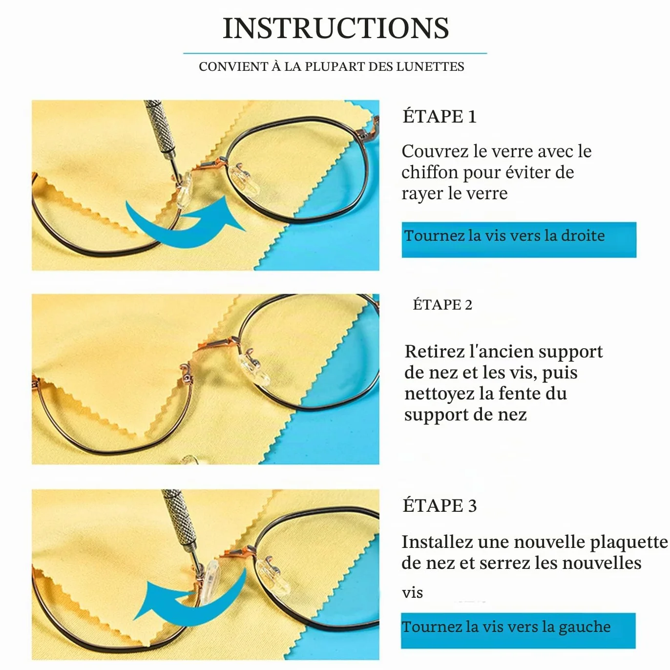 Plaquettes de Nez de Lunettes en Silicone 25 Paires, Kit de Réparation avec Vis Pincette et Chiffon