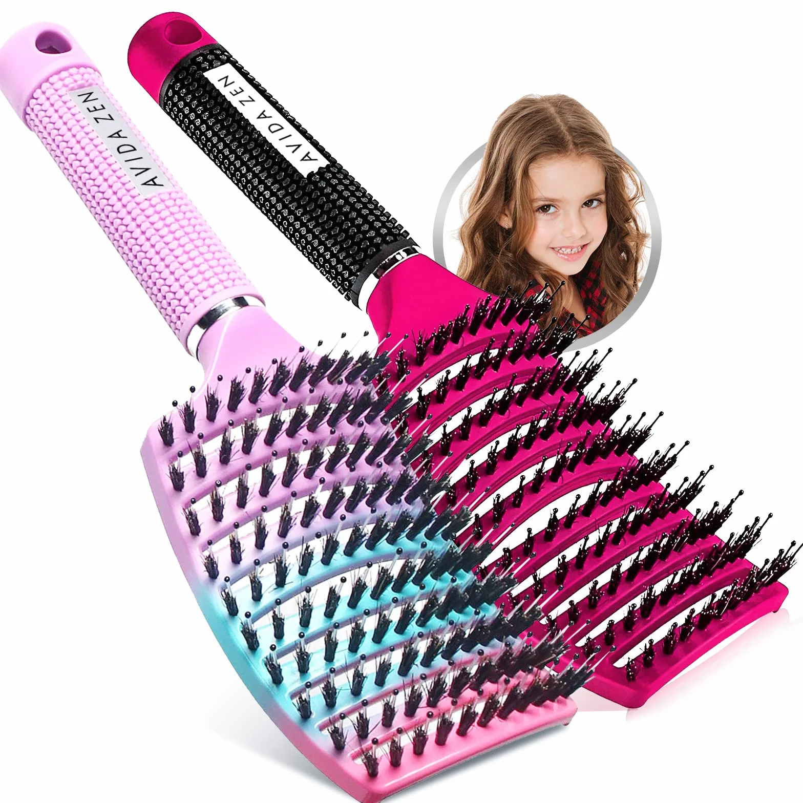Brosse Poil de Sanglier 2 Brosses à Cheveux Démélant 100% Naturel Rose Arc-en-Ciel