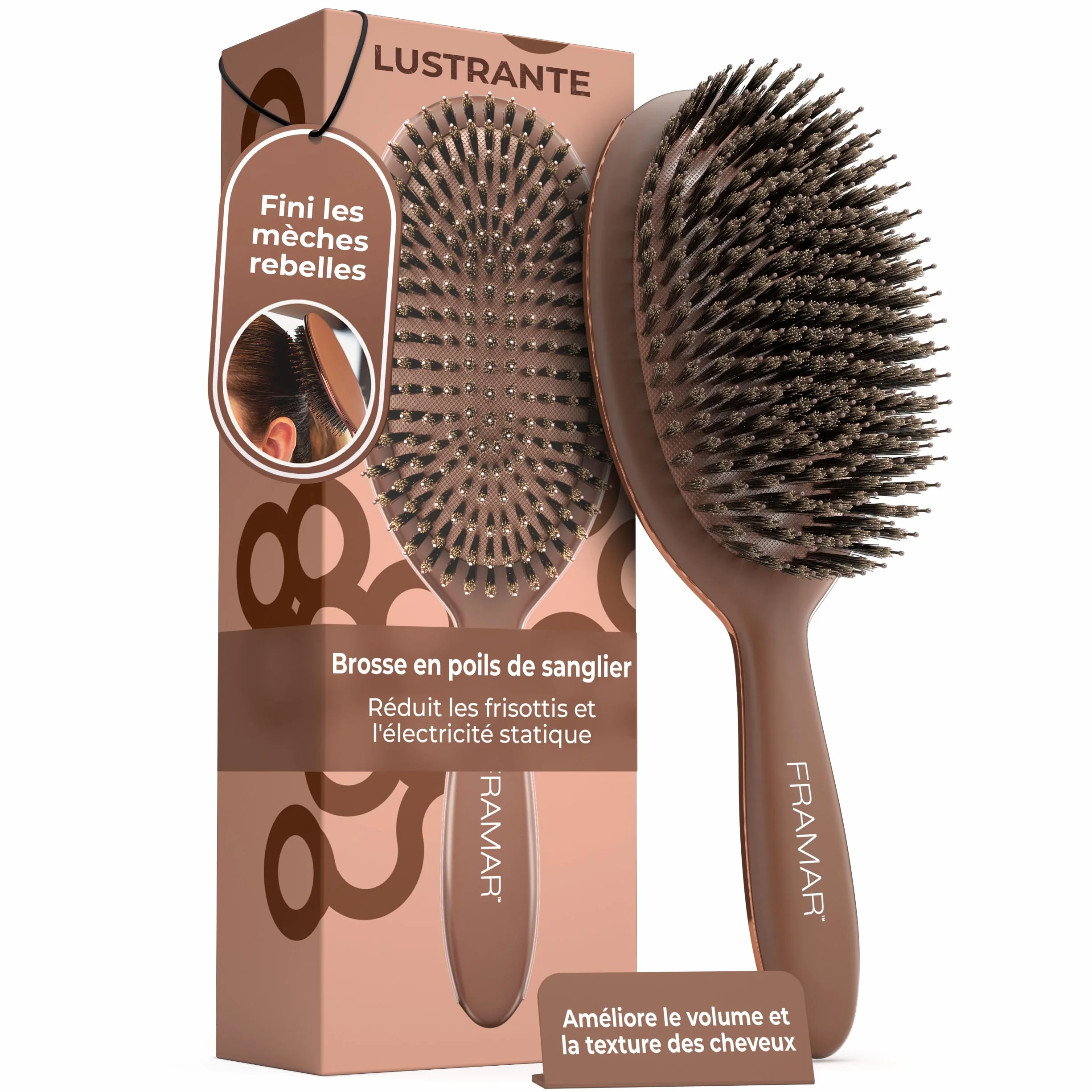 FRAMAR brosse en poils de sanglier souple – effet plaqué, volume et brillance – chocolat