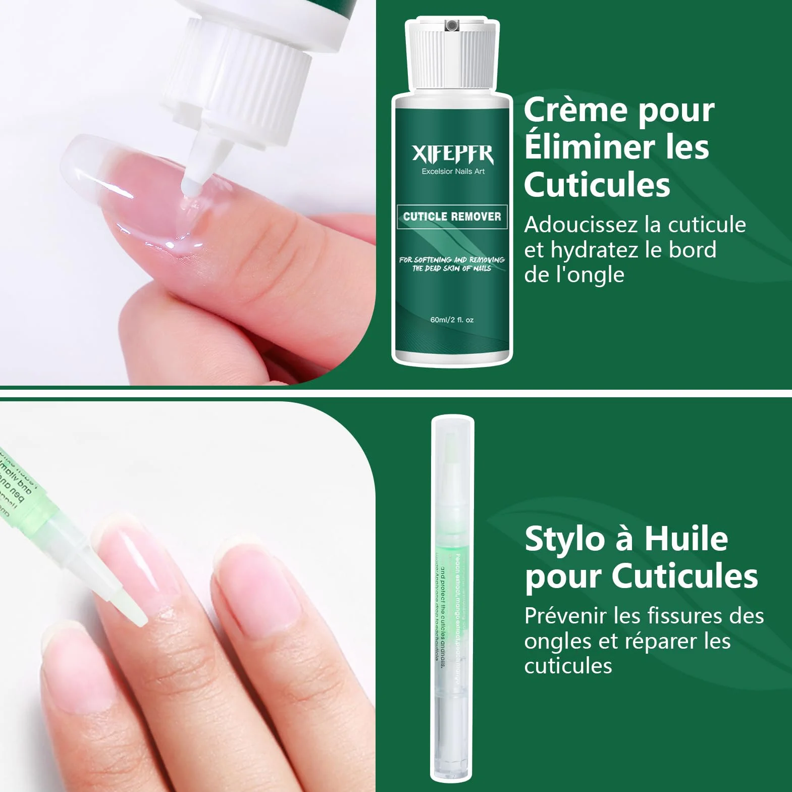 Kit de Remover de Cuticules avec Crème, Stylo d'Huile, Coupe-Cuticules, Pousseur et Tampons