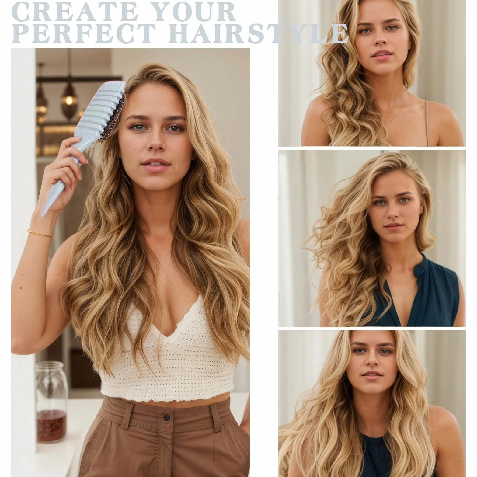 Brosse Cheveux Bouclés Anti-Frizz Démêlante Rebondissement Beige