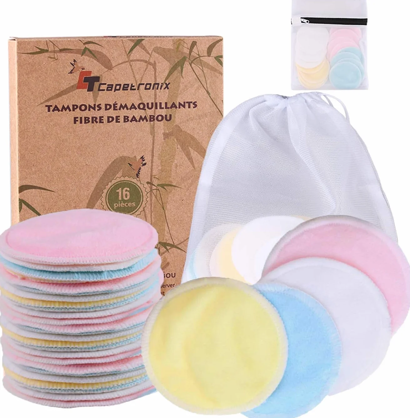 Tampons Démaquillants Fibre de Bambou Lavables 16pcs + 2 Sacs de Lavage