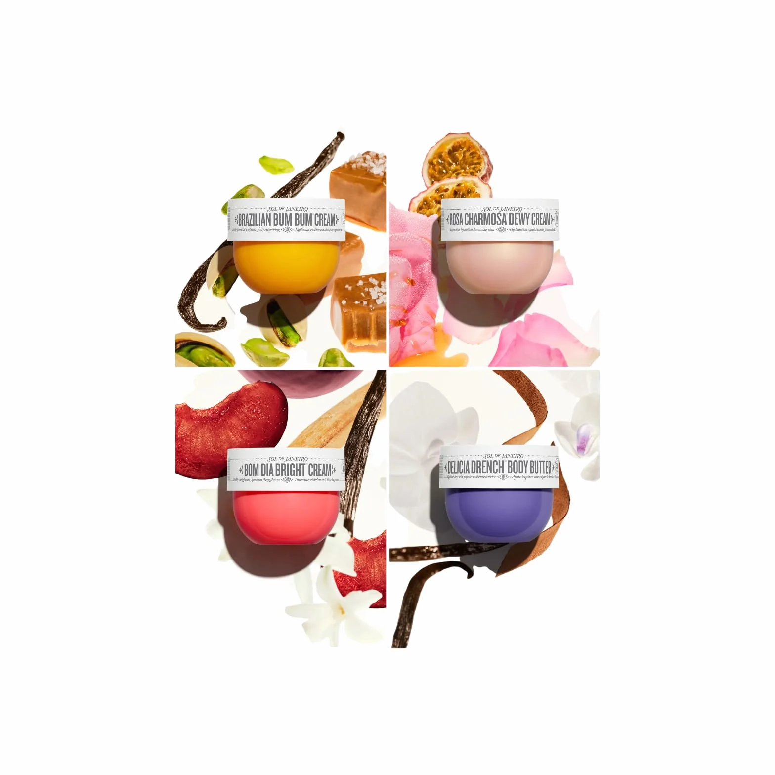 Sol de Janeiro Body Your Way Set de découverte de soins pour le corps, 4 crèmes pour le corps, Crème brésilienne Bum Bum, Bom Dia Bright, Rosa Charmosa Dewy, Beurre corporel Delícia Drench