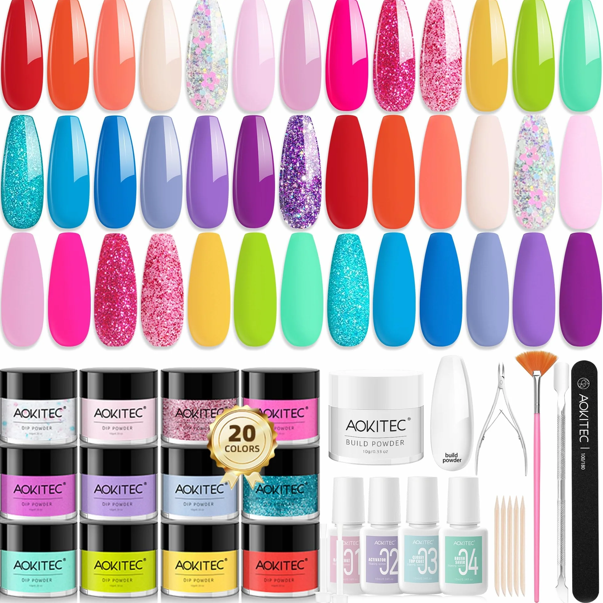 Aokitec Kit 36 poudres à ongles avec poudre de construction 20+1 couleurs activateur base tremper couche finition nail art