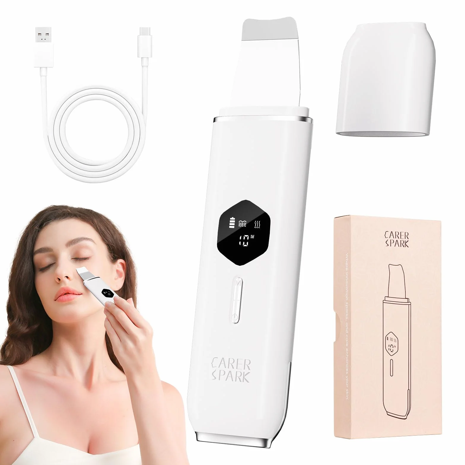 CARER SPARK Épurateur de Peau à Ultrasons,Nettoyeur de Peau Ultrasonique avec 4 Modes écran LED Appareil de Nettoyage Point Noirs Nettoyage en Profondeur Élimination des Points Noirs Exfoliation Douce