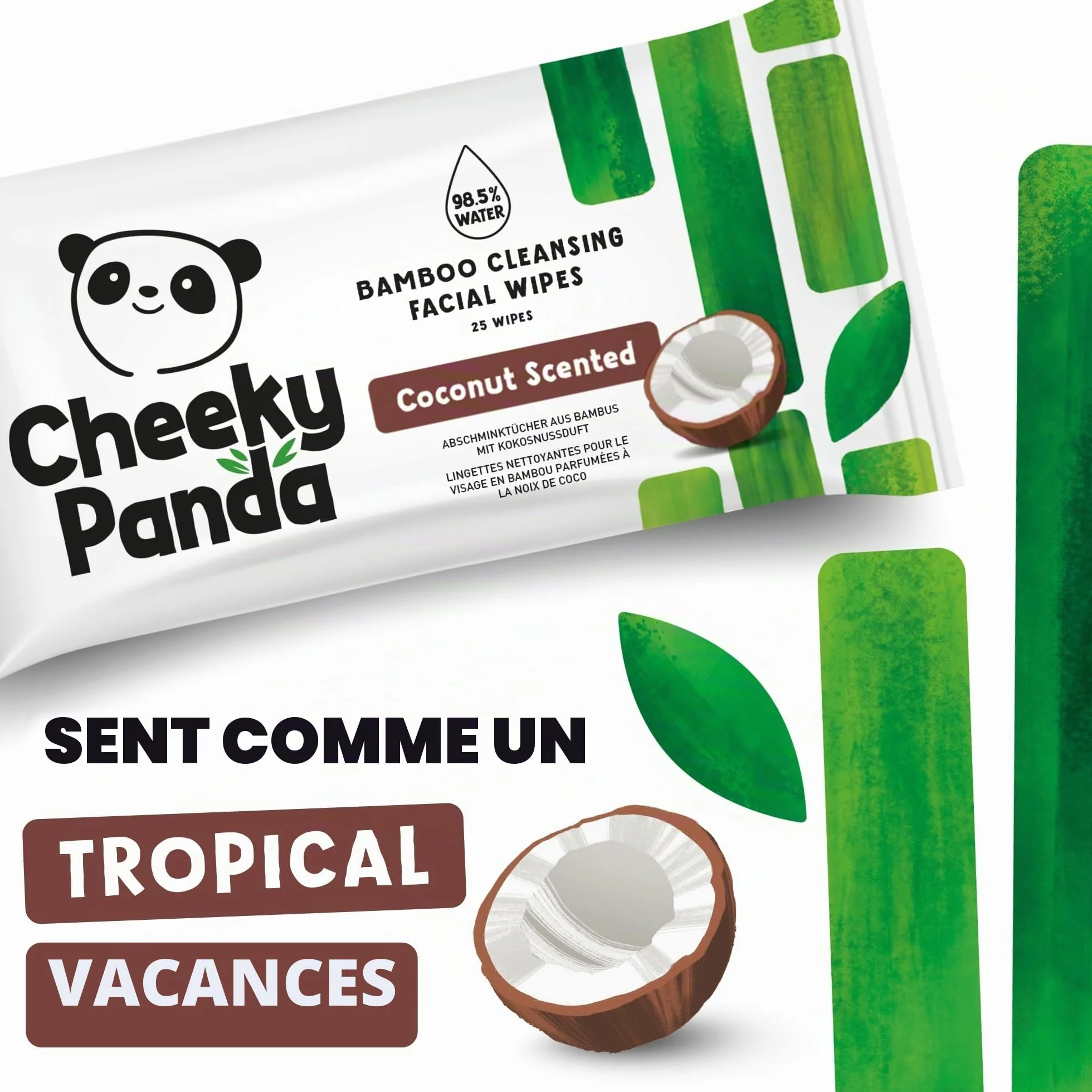 The Cheeky Panda Lingettes Démaquillantes 25 Lingettes Parfum Noix de Coco 100% Bambou
