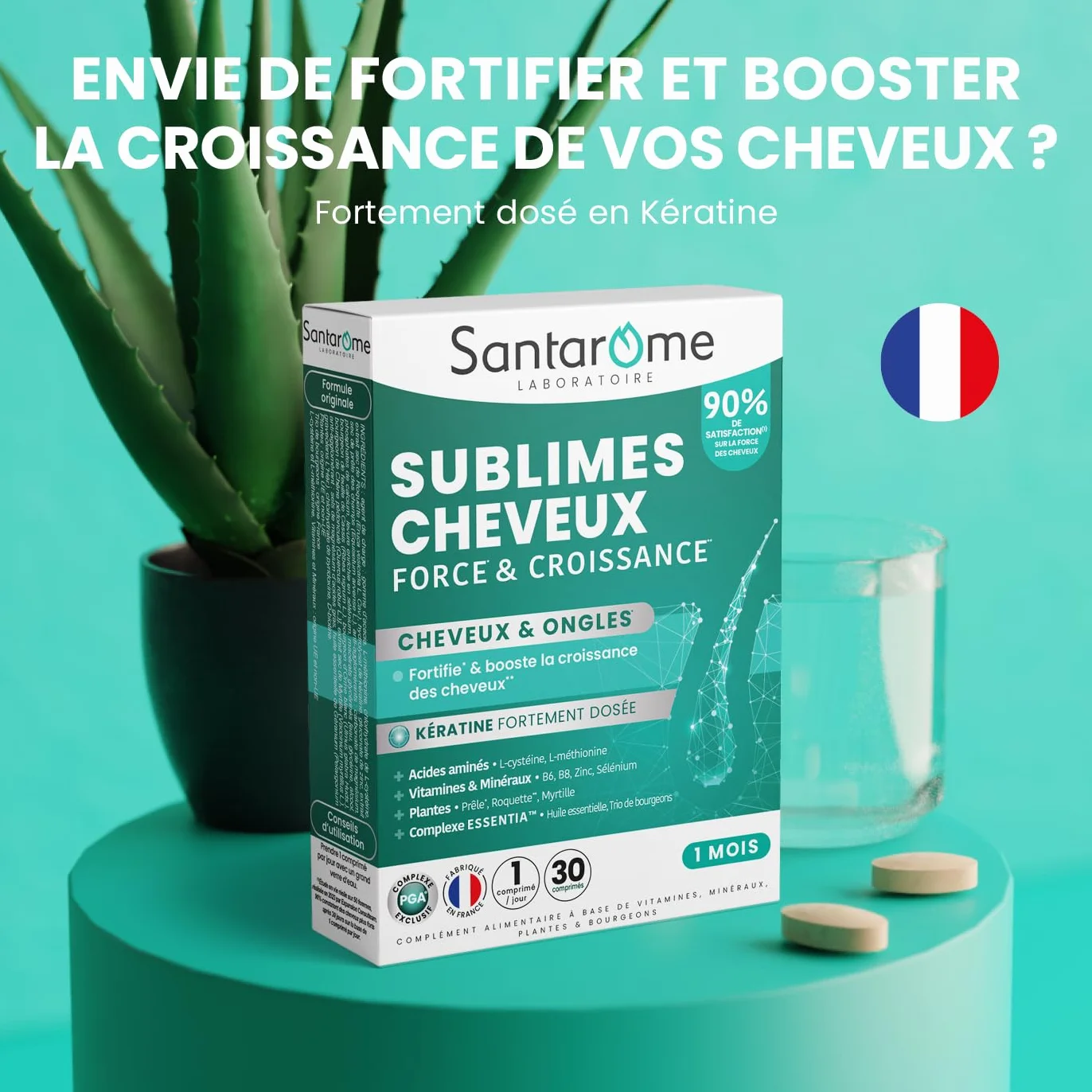Santarome Sublimes Cheveux Force & Croissance Complément alimentaire pousse cheveux ongles Vitamines B6 B8 Roquette Myrtille 30 comprimés