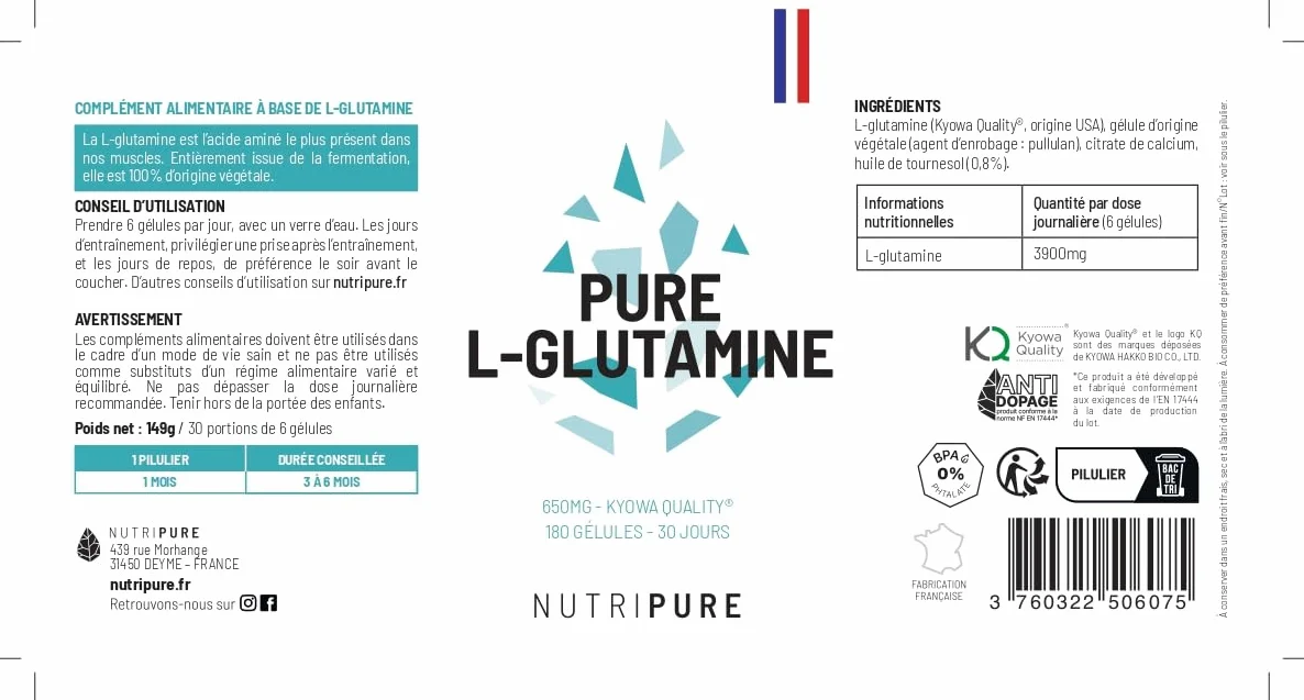 L-Glutamine Kyowa® 100% Pure Végétale 180 Gélules Complément Alimentaire Acide Aminé Musculation