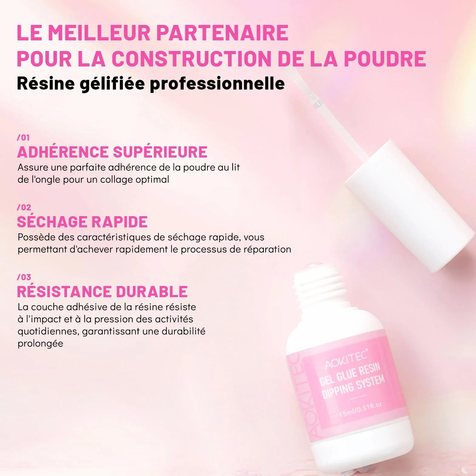 Aokitec Kit de poudre Dip Build 28 g avec colle de réparation pour ongles naturels cassés, séchage rapide à l'air libre