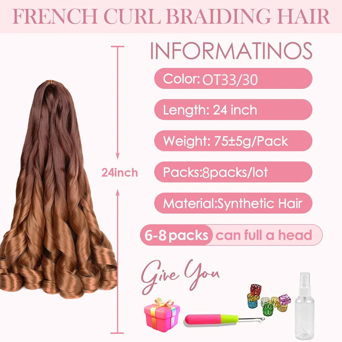 French Curls Braiding Hair 24 Inch 8 Packs Pre Stretched Loose Wave Bouncy Braiding Hair Spanish Curly Ends Synthetic Hair Extensions for Braiding (OT33/30)