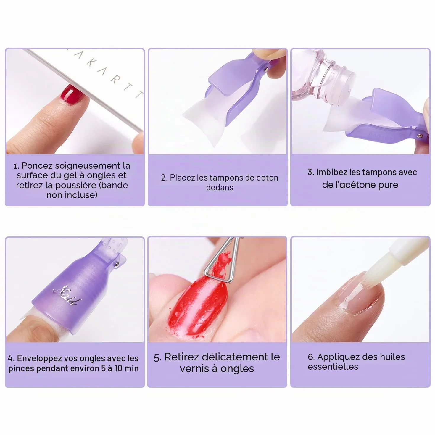 Makartt Clips à ongles pour enlever le vernis gel, poussoir métal double extrémité, 20 clips réutilisables, violet