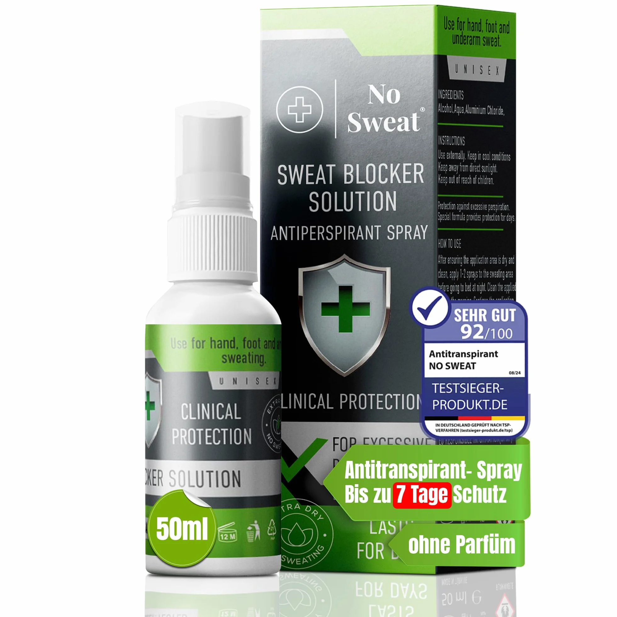 NO SWEAT Force maximale, déodorant puissant Liquide pour le traitement de la transpiration excessive et de l'hyperhidrose, dure jusqu'à 7 jours -50 ml)