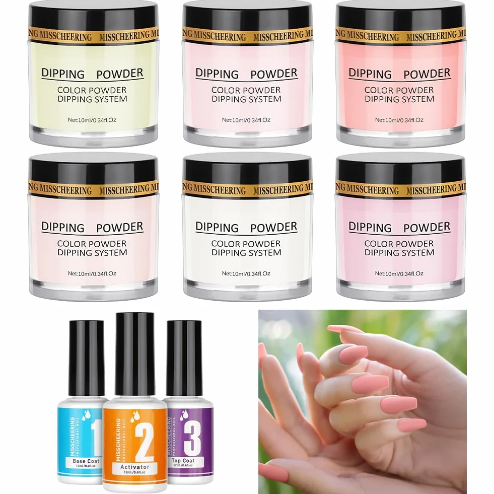LOPHE Dip Powder Nail Kit 6 Couleurs Poudre et 3 Pcs Liquide Set Gel Base à Tremper Manucure DIY Salon Débutantes Cadeau Femmes Filles Tons clairs