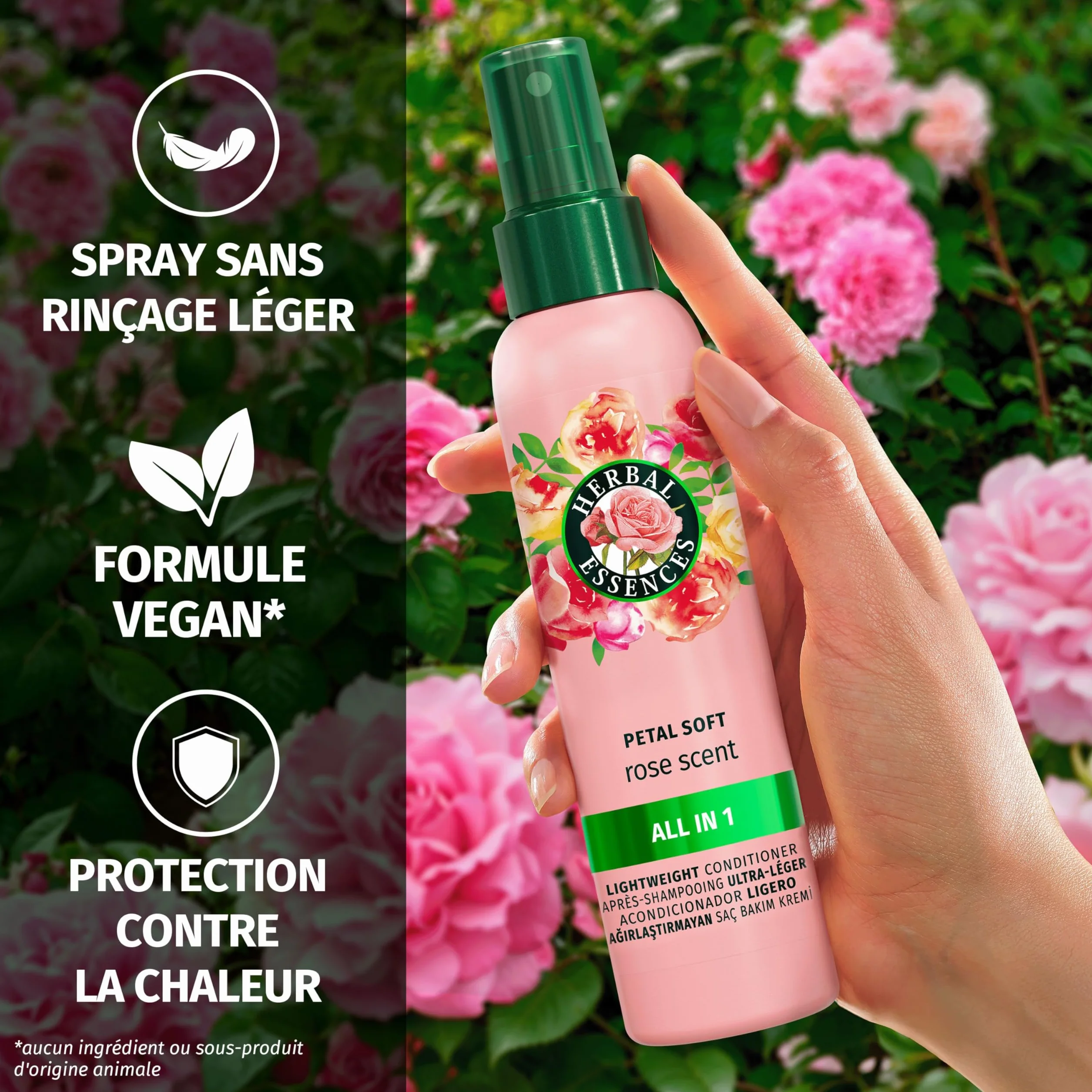 Herbal Essences Parfum Rose Douceur Spray Léger Tout-En-Un 145ml Démêle Nourrit Anti Frisottis Répare Protège Chaleur Éclat