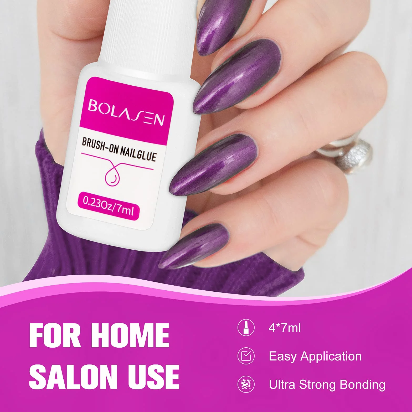 BOLASEN Colle à ongles acrylique super forte avec pinceau 4 x 7 ml
