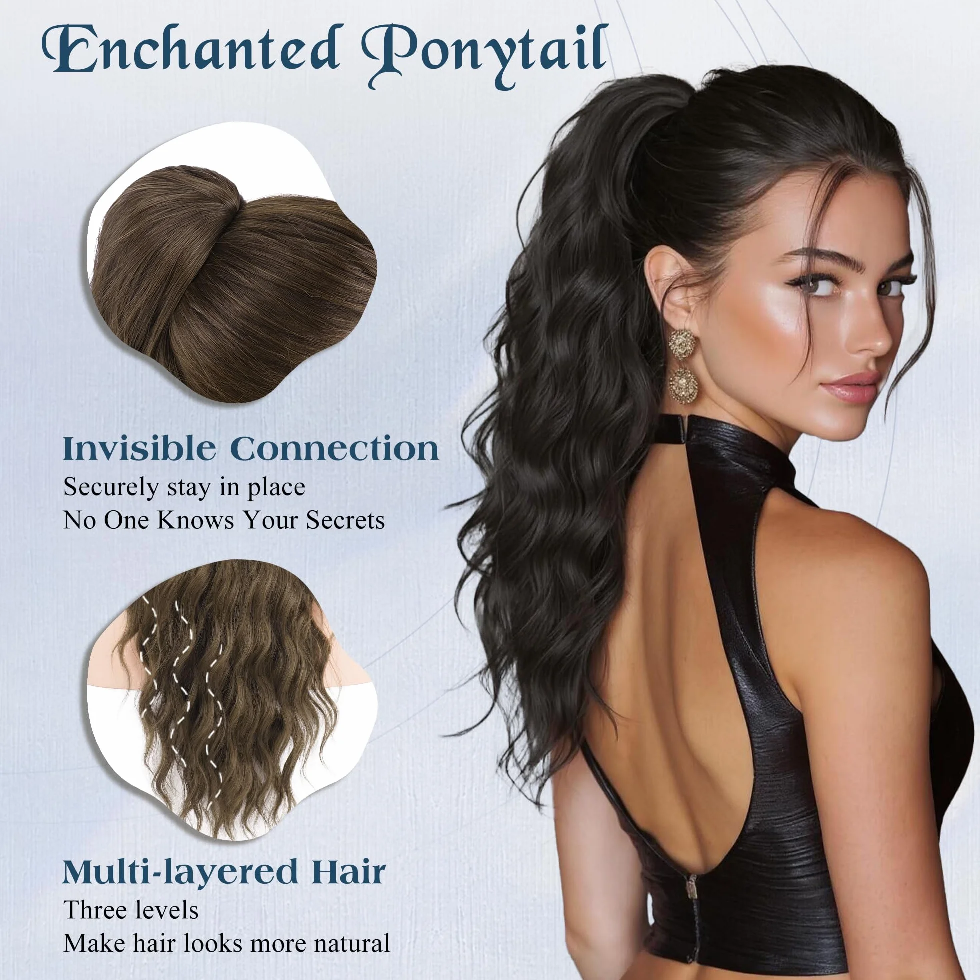 FESHFEN Postiche Queue de Cheval Noir Ondulé Longues, Extension Ponytail Cheveux avec Peigne Ponytails Bouclé Naturel Cordon Synthétique Postiches pour Femmes, 60 cm