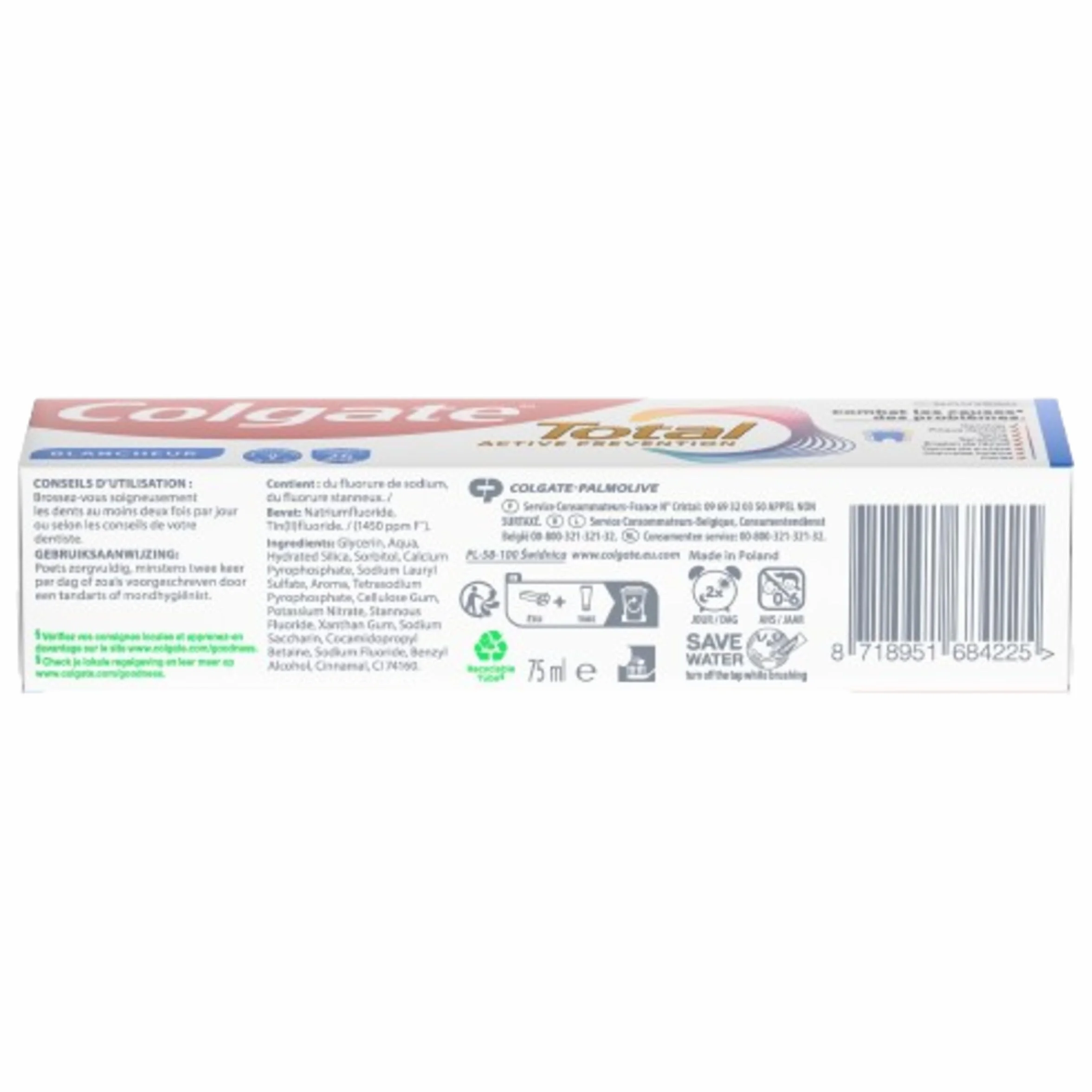 COLGATE Total Prévention Dentifrice 24h Active Blancheur Naturelle 3x75ml