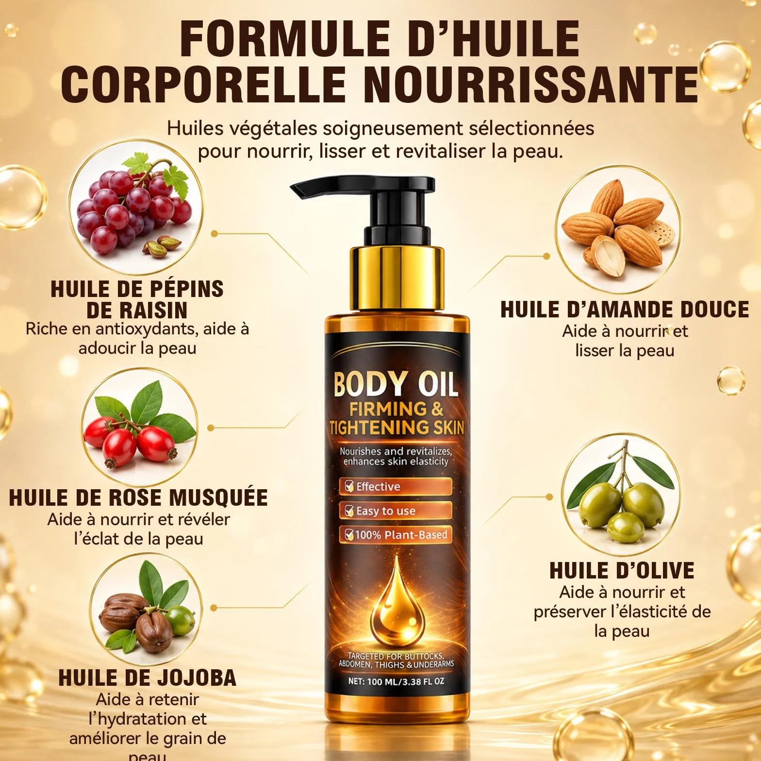 Huile Raffermissante pour la Peau, 100 ml, Corps, Bras, Cuisses, Ventre, Fessier