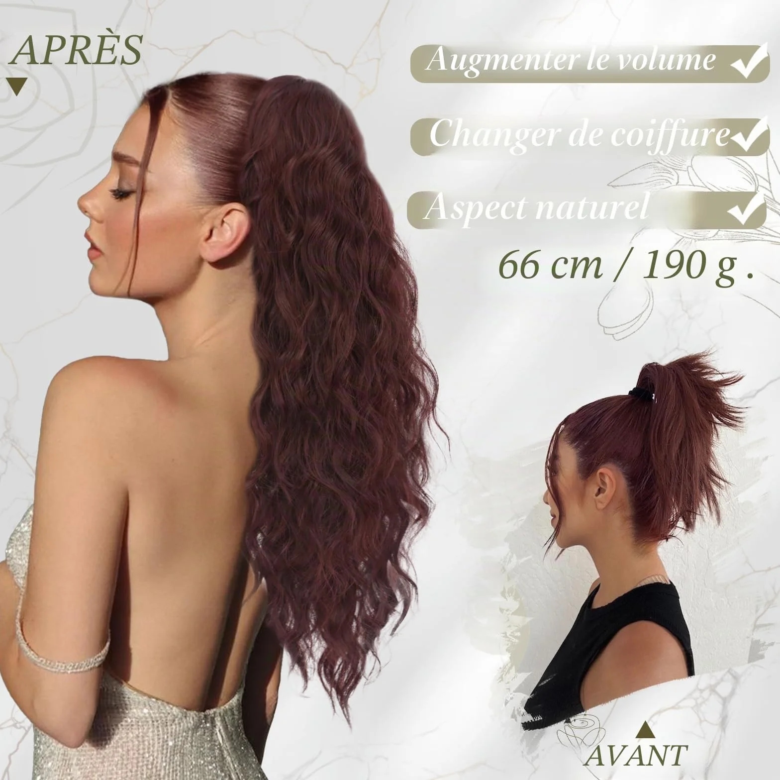 BARSDAR Rouge Cuivré Queue de Cheval Extension, 66cm Cordon Queue de Cheval Extension de Cheveux pour Femme, Longue Bouclé Ondulées Synthétique Clip en Queue de Cheval Postiche, Cowboy Rouge Cuivré