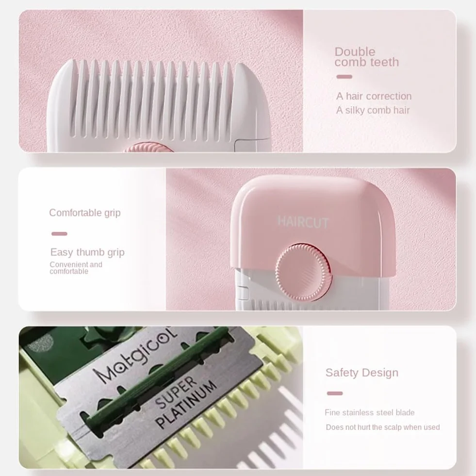 2-in-1 Kids Hair Trimmer, Double-Sided Razor Comb Clipper for Thin & Thick Hair, Trim Pocket Comb (Pink)