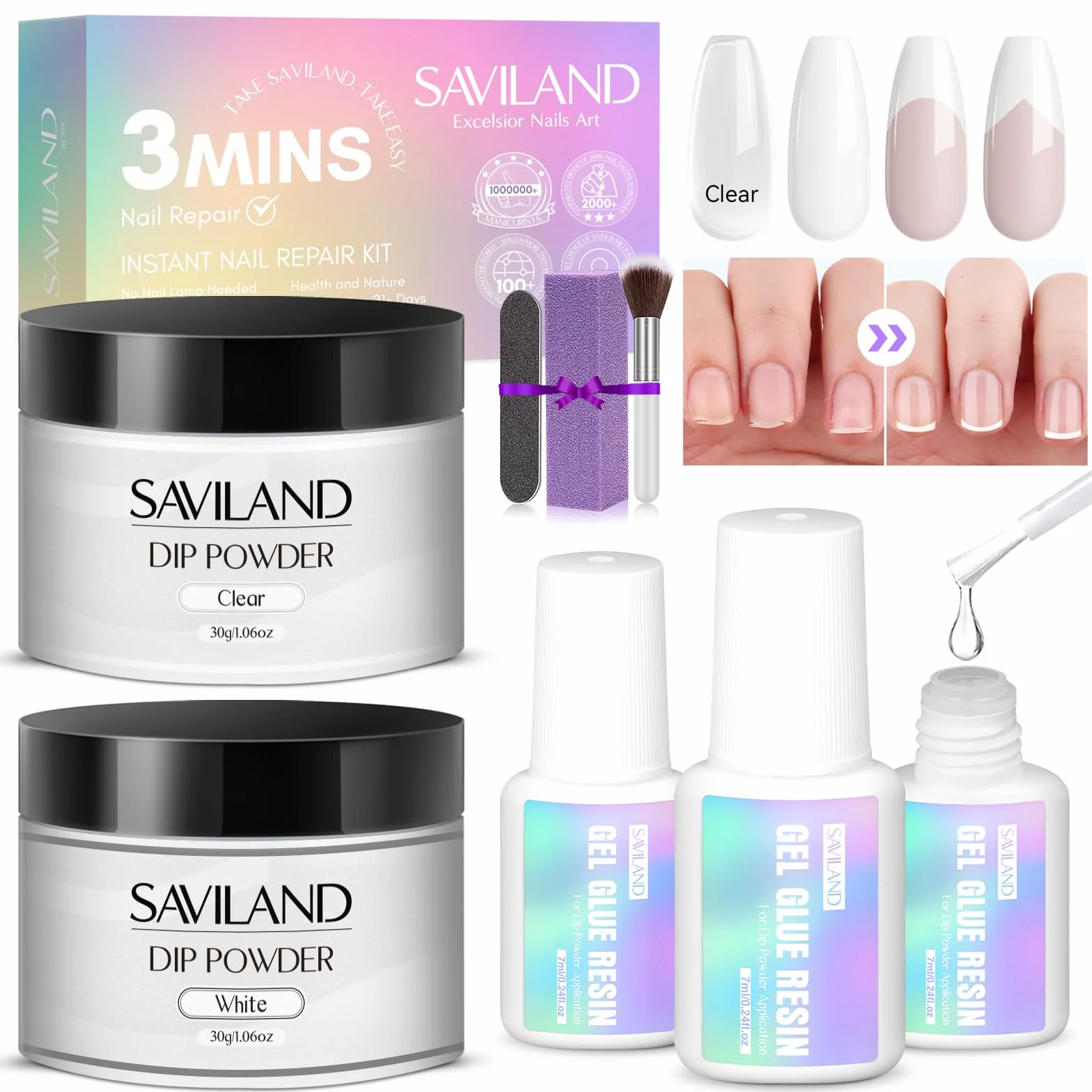 Saviland Kit de Trempage pour Manucure Blanc Clair Dip Powder Séchage Rapide 7ml Professionnel Dipping Vernis Poudre Limer Ongle Pinceau Réparation Ongles