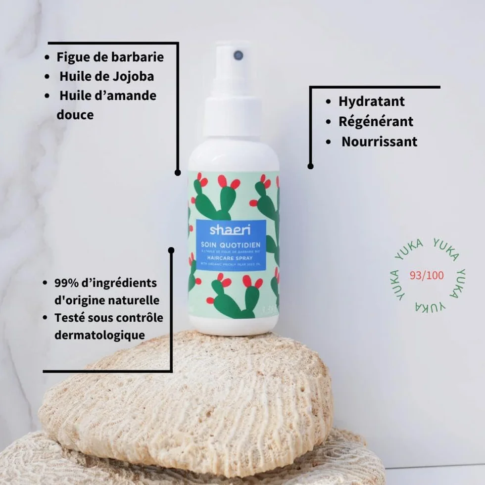 Shaeri Soin Quotidien Spray Sans Rinçage Hydratant Démêlant Thermo-Protecteur Anti-Frizz Cheveux Secs Figue de Barbarie Jojoba Amande Douce 100 ml