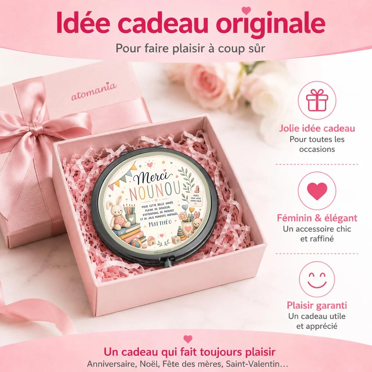 Miroir de Poche Personnalisé Cadeau Nounou Fin d'Année avec Prénom – Cadeau Assistante Maternelle Original