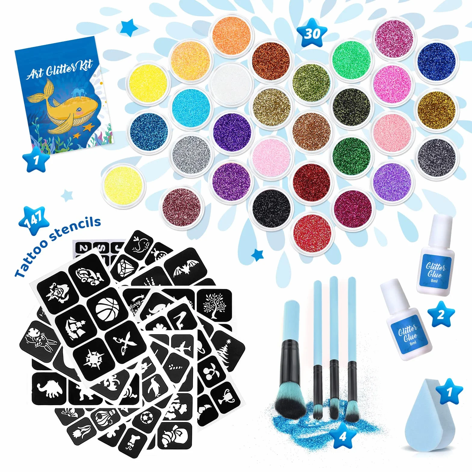 Kit Tatouage Temporaire- Bledras Tatouage Enfant 30 Couleurs, 147 Pochoir Tatouage, 4 Pinceaux- Tatouage Éphémère Imperméable, Coffret Cadeau Garçons Filles, Tatouage Paillettes pour Cosplay, Fête