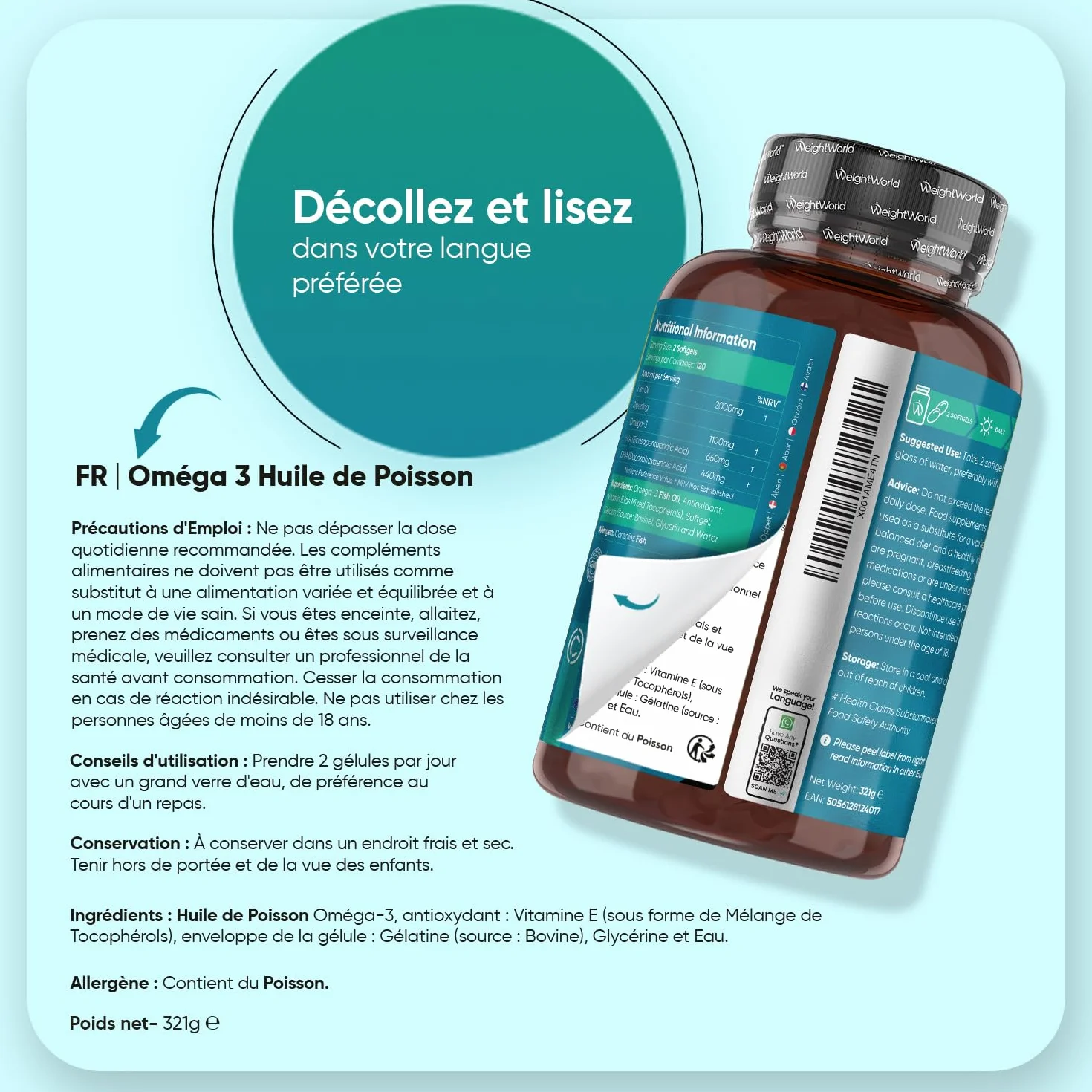 Oméga 3 Huile de Poisson Gélules 2000mg, 240 Gélules, EPA 660mg & DHA 440mg, sans Odeur