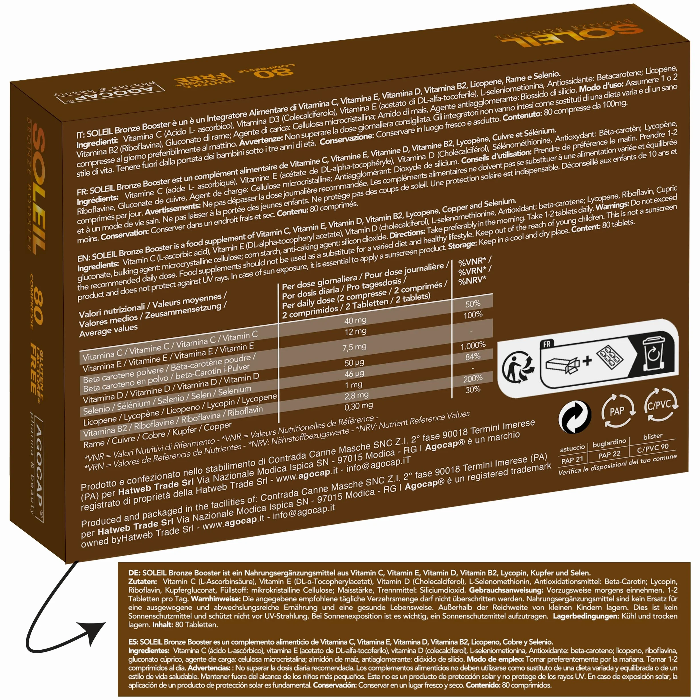 Autobronzant Gélule Accélérateur de Bronzage Bêtacarotène Sélénium Lycopène Vitamines 80 Comprimés