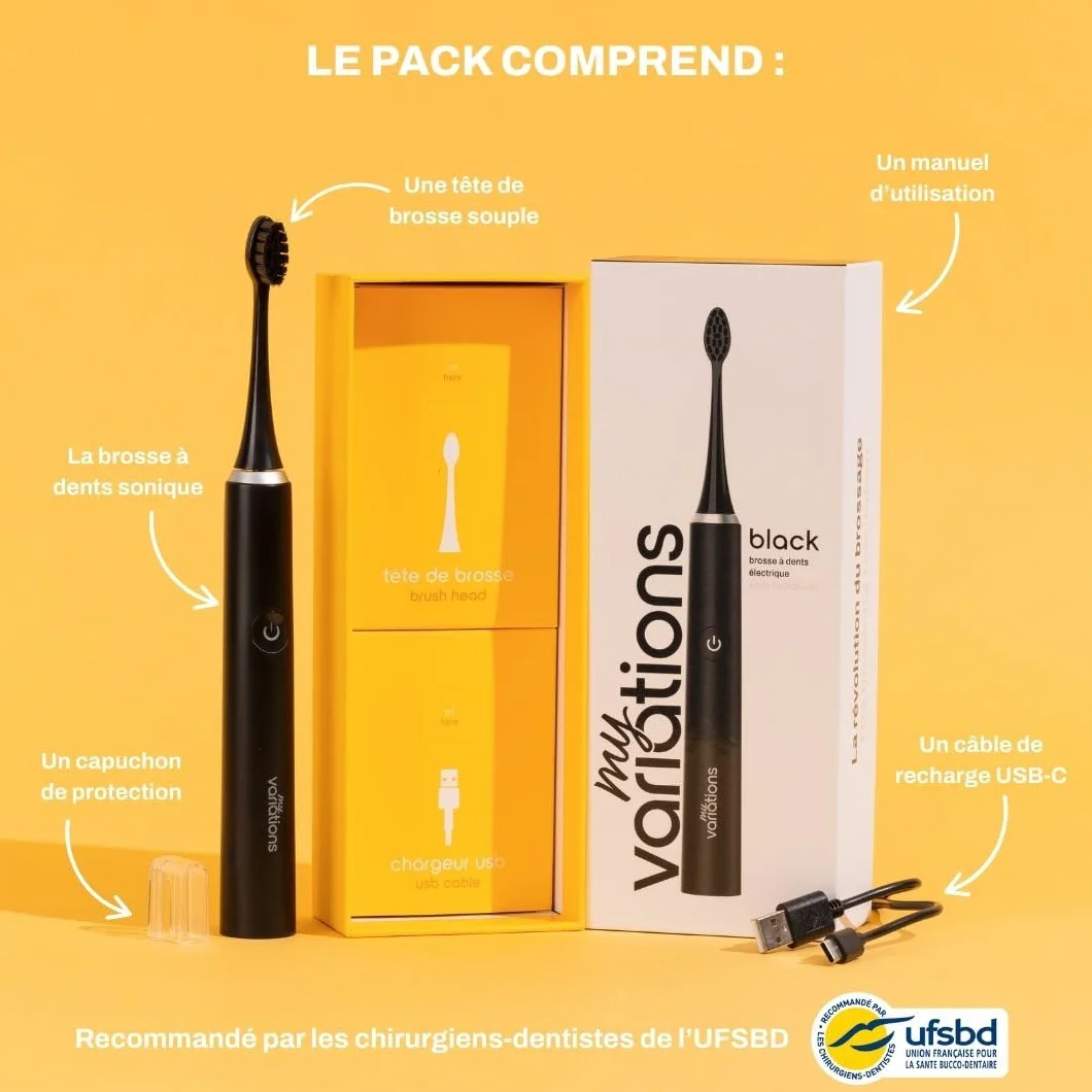 Brosse à Dents Électrique Sonique Noire Autonomie 1 Mois 5 Modes USB-C