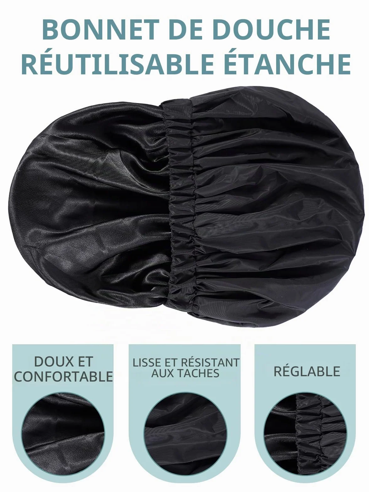 Bonnet de douche imperméable réutilisable pour femme, design élastique double couche, noir