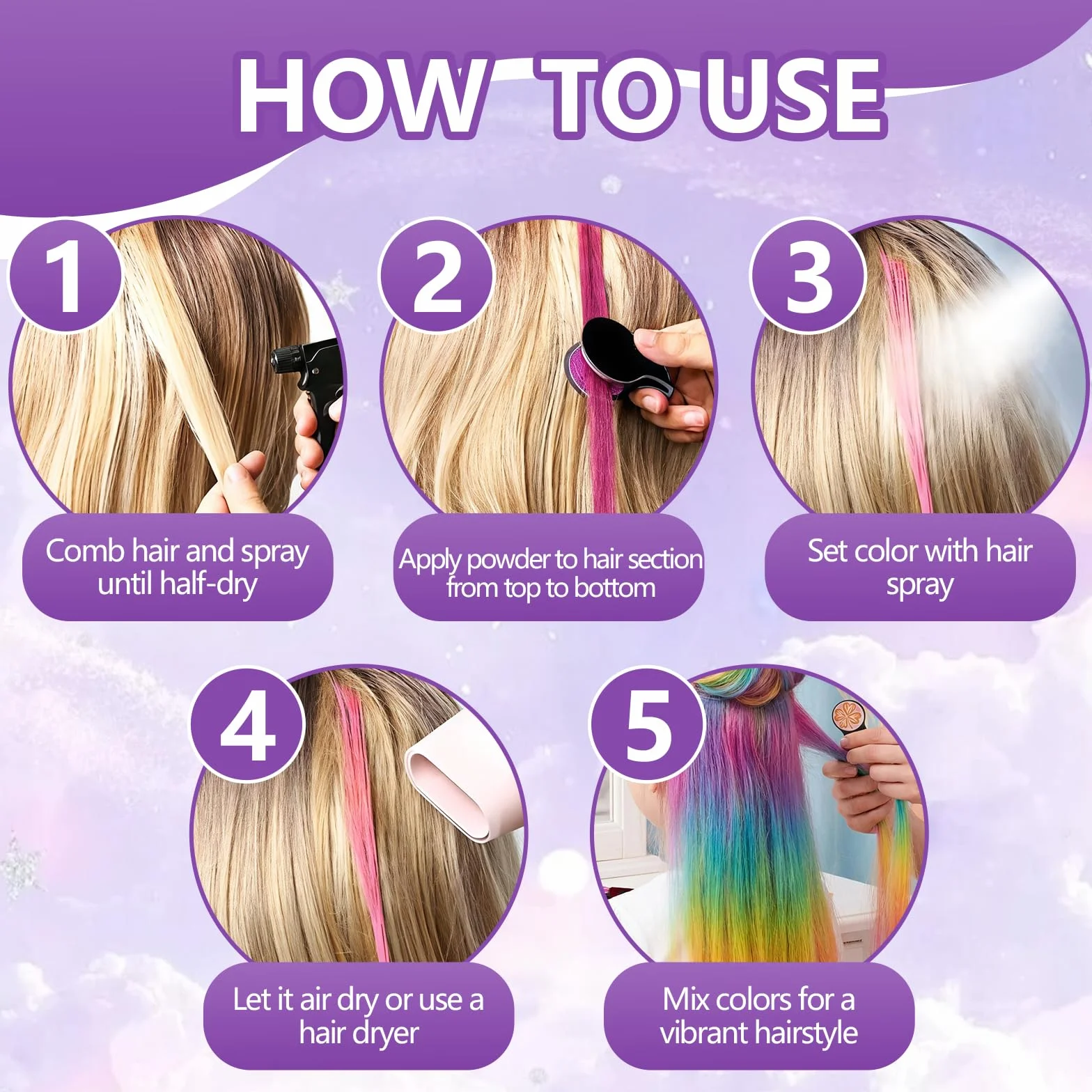 Craie Cheveux Couleur Temporaire 10 Couleurs, Colorant Lavable Facile à Appliquer