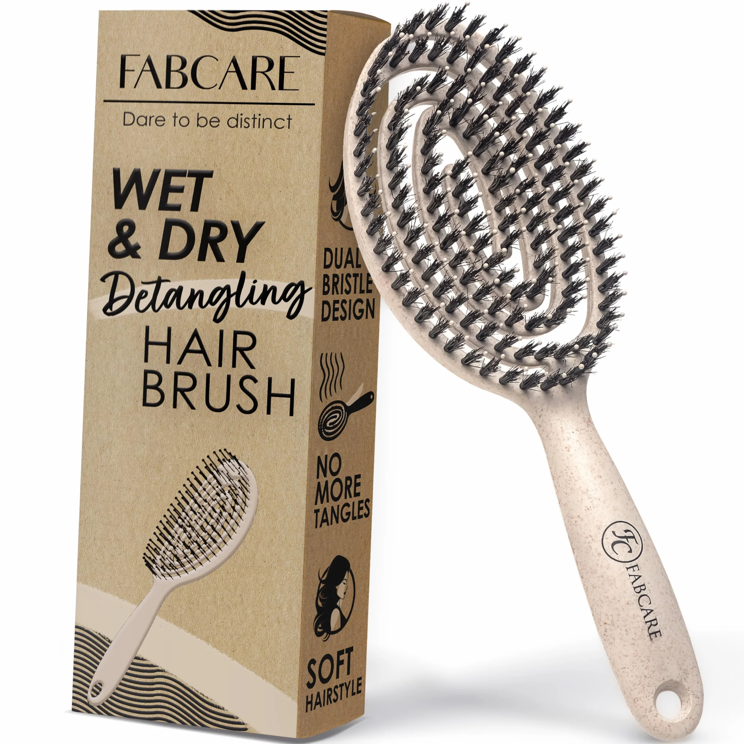 FABCARE Brosse Cheveux Poil Sanglier Démêlante Double Ressort Spirale Magique Sans Tirer Professionnelle Beige