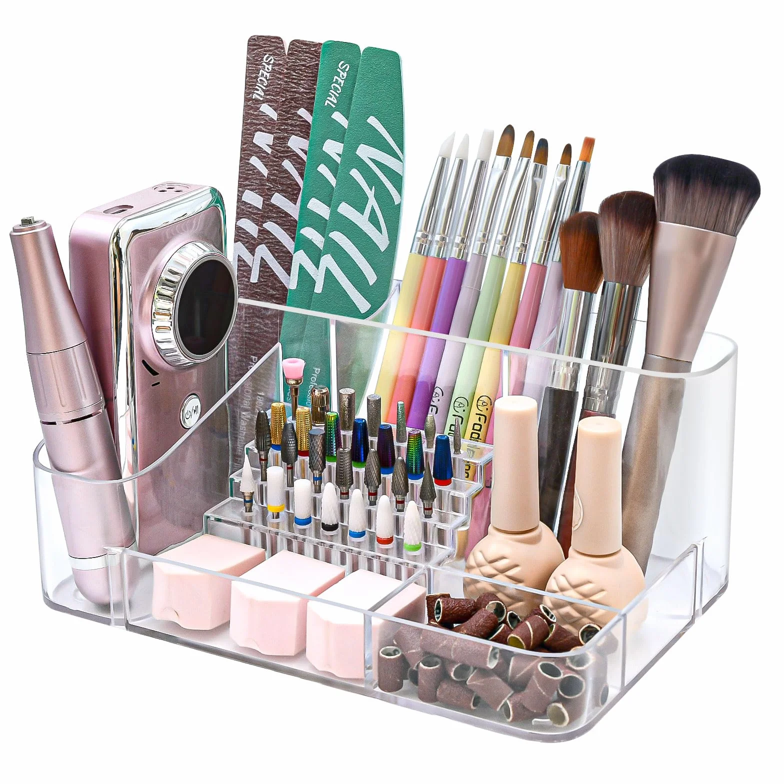 ANRUI Boîte de Rangement pour Forets à Ongles, 28 Trous Acrylique Support Embout Ponceuse Ongles, 7 Compartiments Organisateur Présentoir pour Outils de Manucure, Transparent
