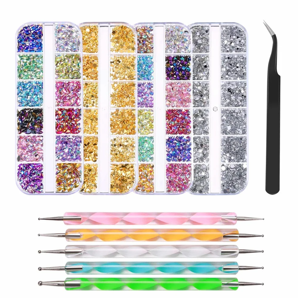 FOCCTS Kit Manucure Nail Art Strass Ongles 4 Boîtes Strass 4 Stylos Vernis 1 Pince à Épiler Décoration 3D