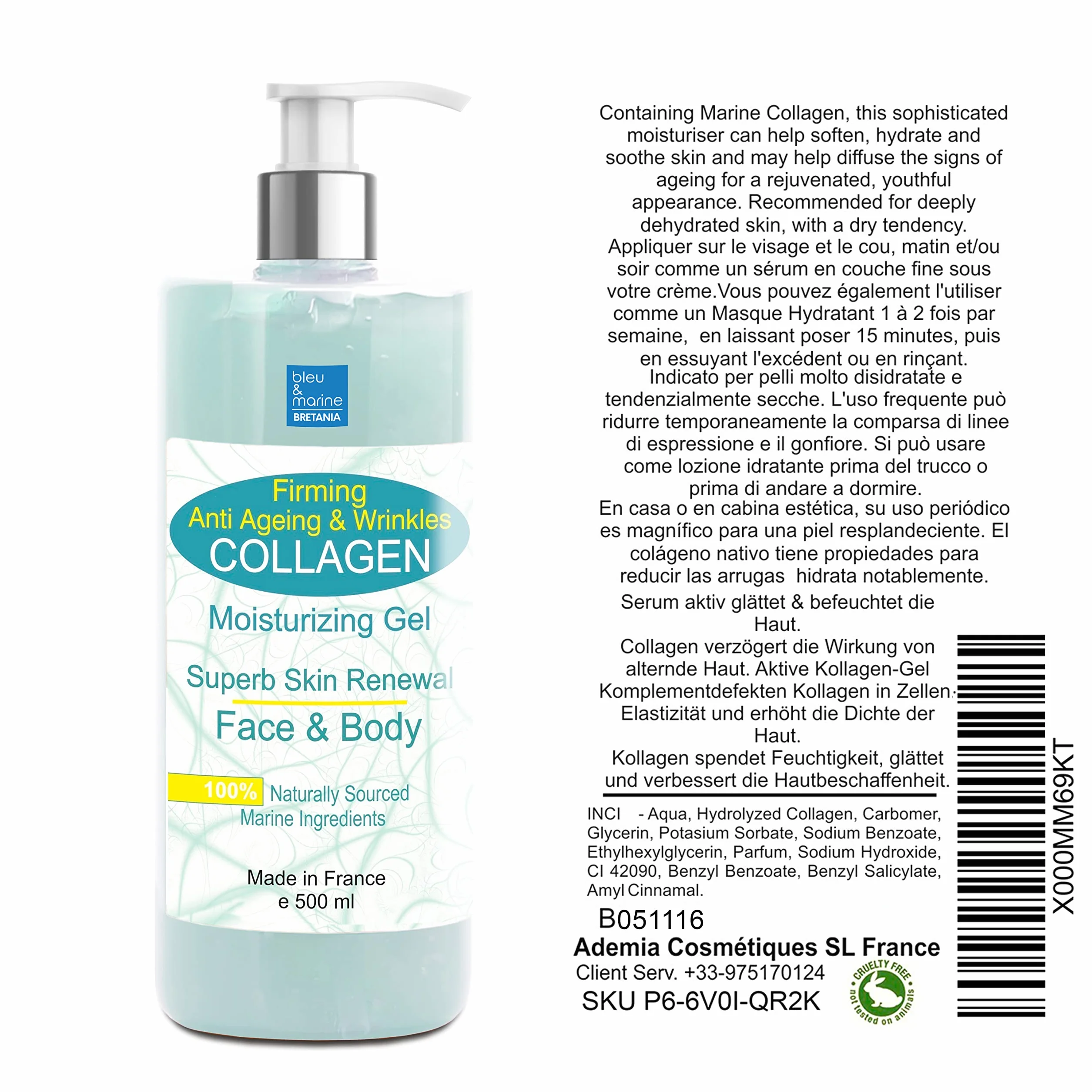 Gel Fermeté et Anti-rides Visage Cou Décolleté Corps 500 ML - made in France