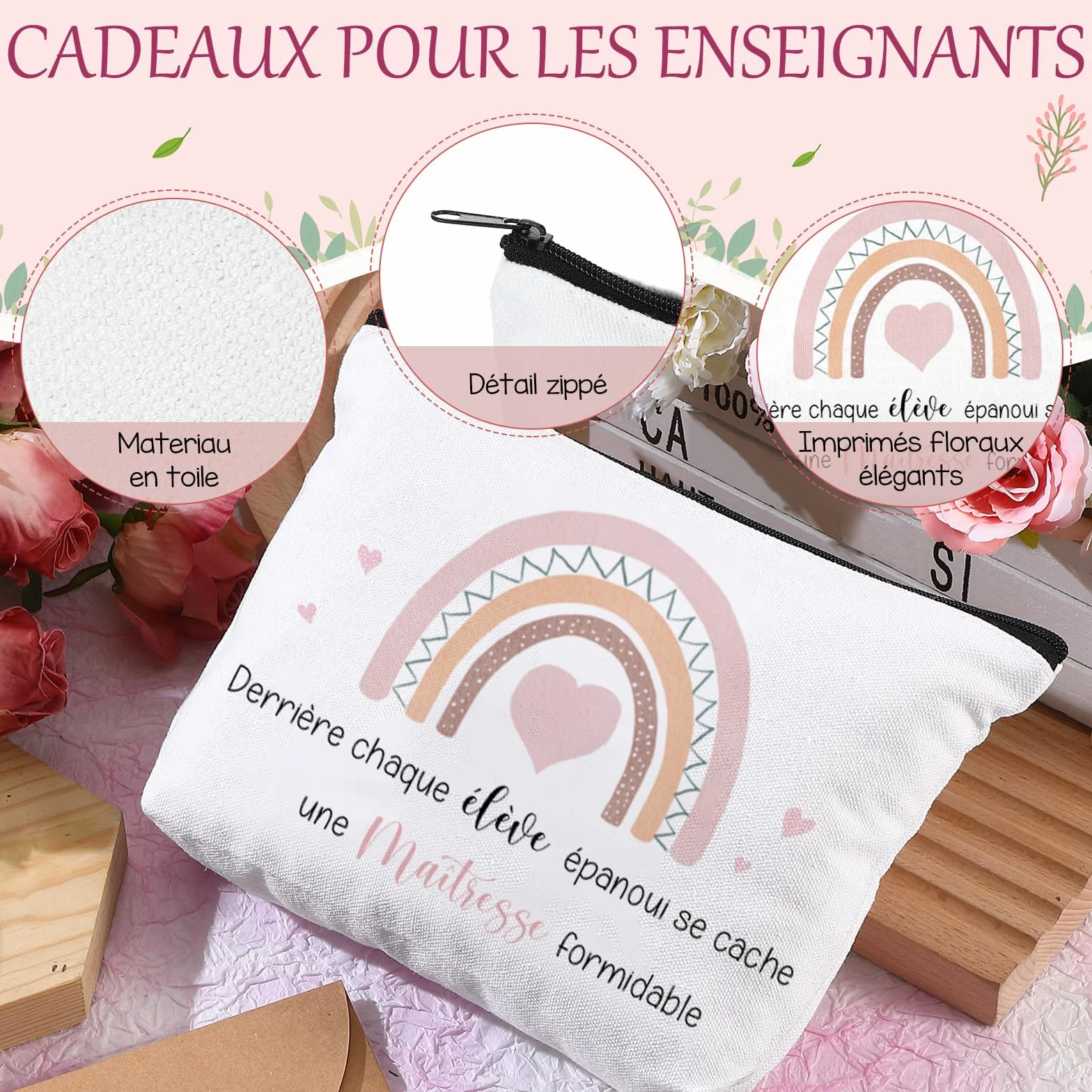 Hestya 3 Sets Cadeaux Merci pour Maîtresse d'École Trousse de Maquillage Enseignant Porte-Clés avec Gravure Pochette Cadeau de Remerciement Carte avec Enveloppe pour Professeur Fin d'Année Graduation