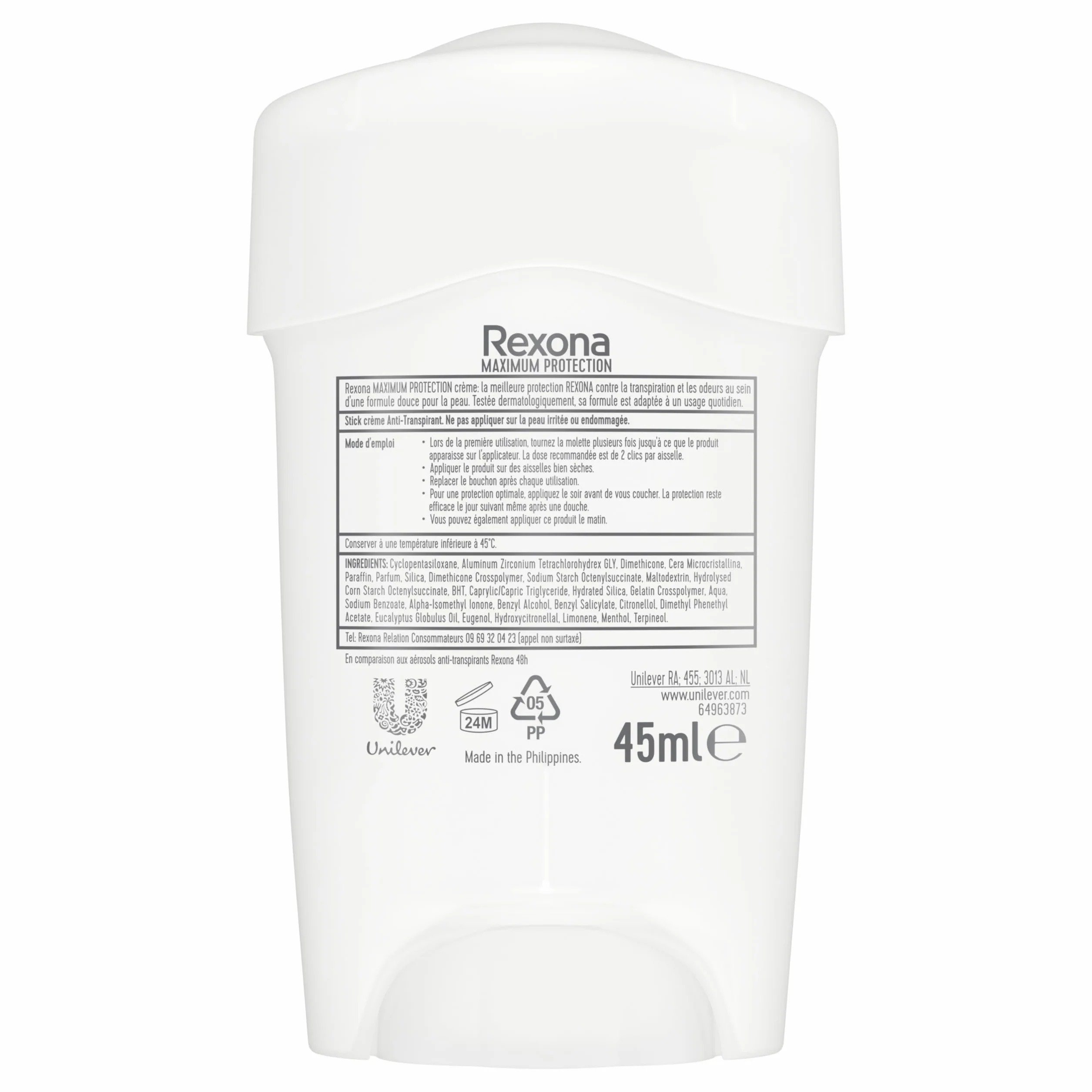 REXONA Déodorant Femme Clean Scent Stick Anti-transpirant Protection 96h 45ml