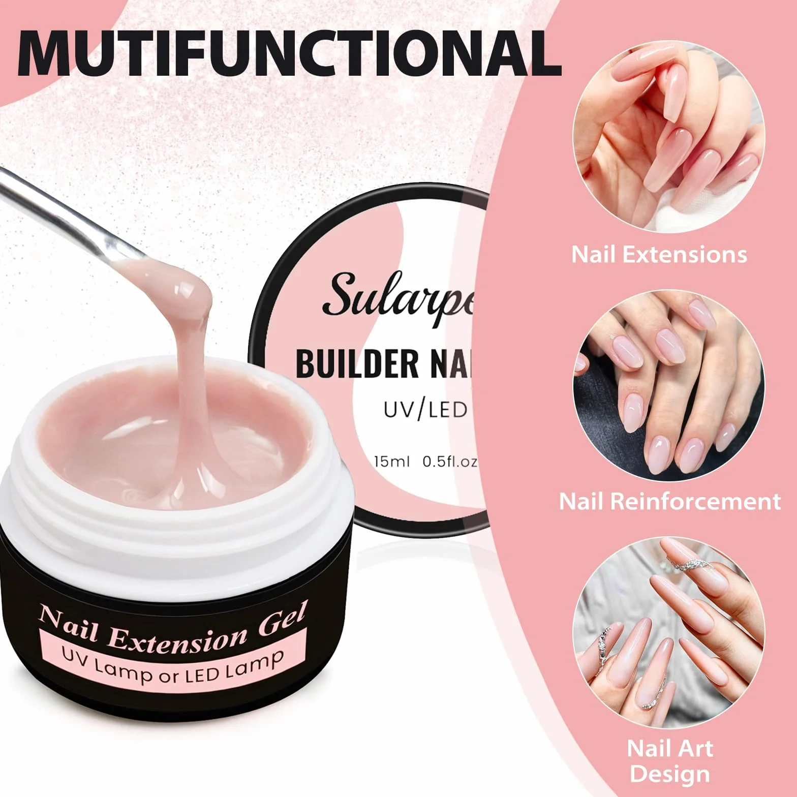 Gel Construction Ongle UV 15 ML Builder Gel Base Gel UV Ongles Renforcement Extension Nail Art Manucure DIY Milky Rose