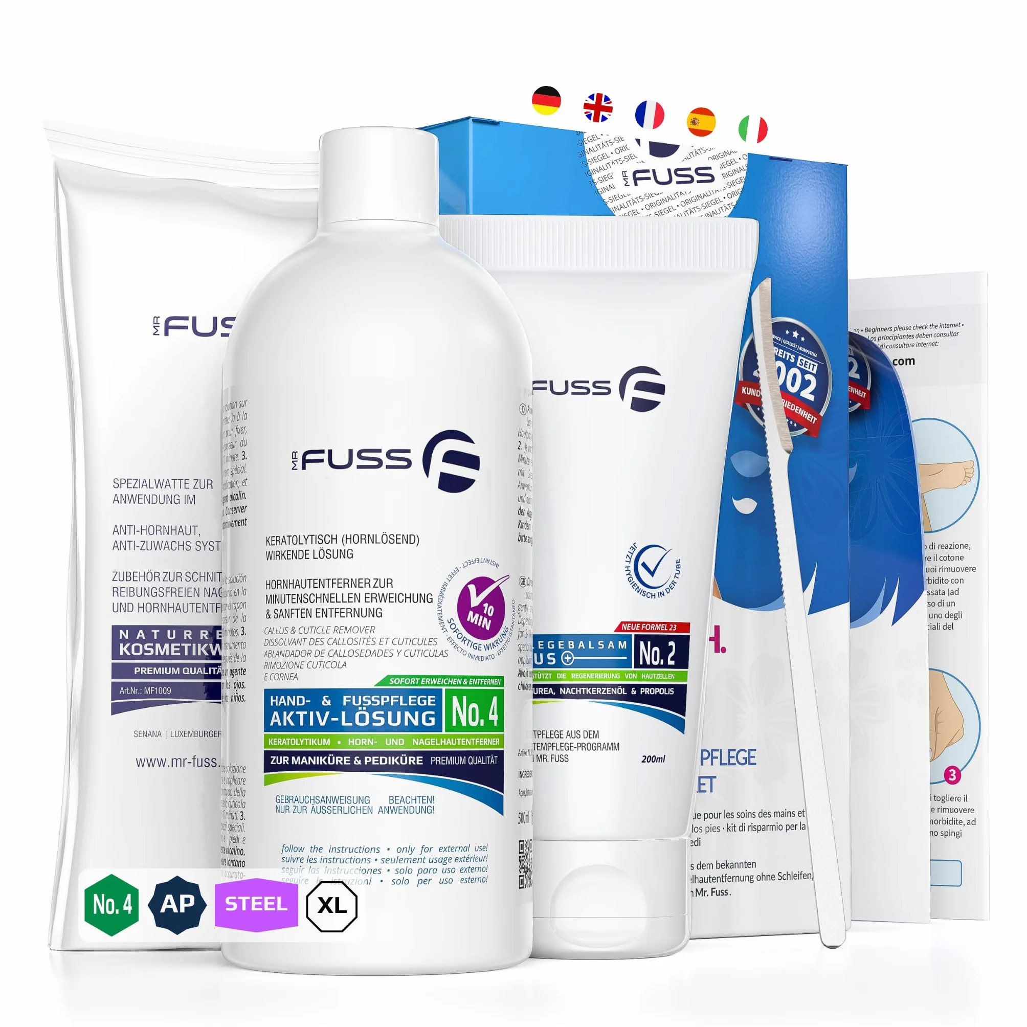 Mr. Fuss Advanced Pack No. 4 Lot de 4 râpes à cuticules anti-callosités 500 ml Baume n° 2 200 ml