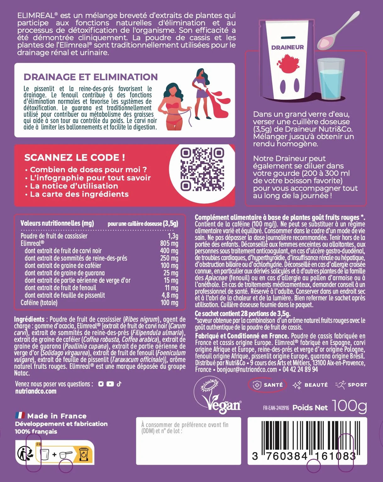 NUTRI & CO Draineur Rétention d’Eau Puissant - Poudre de Cassis & Extraits de Plantes Breveté Elimreal® - Ventre Plat & Ballonnements - Goût Fruits Rouges 100g Vegan