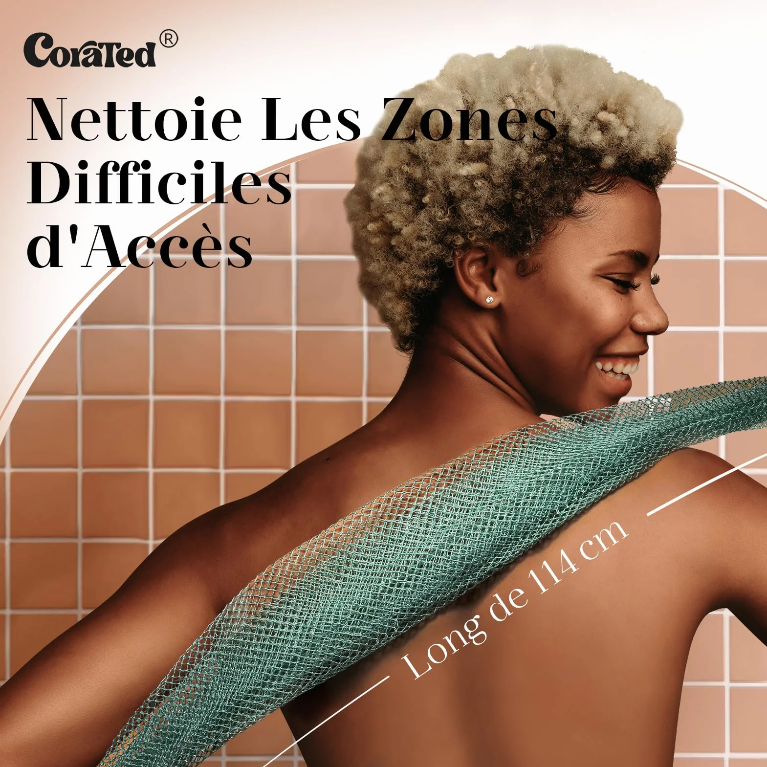 CORATED Filet à Bain Africain 2 Pièces, Eponge Exfoliante Corps, Gant Exfoliant Dos – Nettoyage Douche SPA (Lin et Marron)
