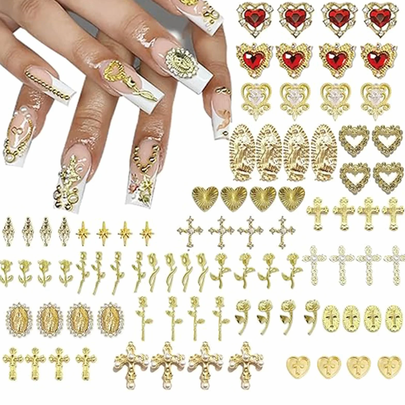 Breloques 3D dorées pour ongles avec strass lot de 88
