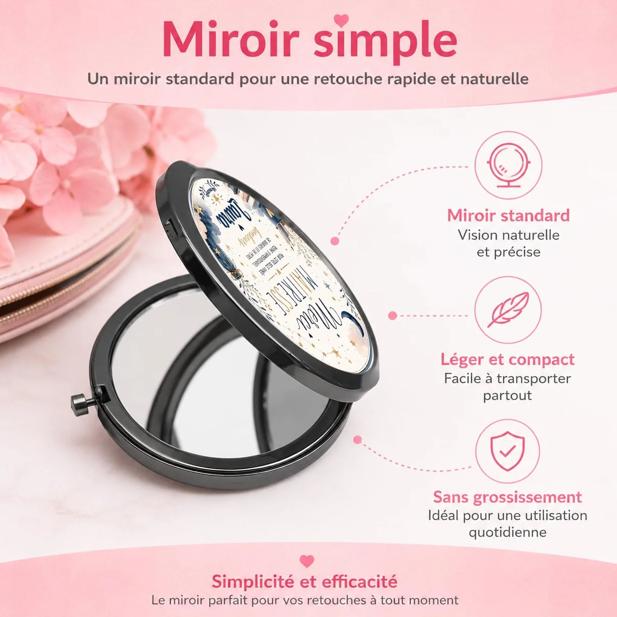 Miroir de Poche Personnalisé avec Prénom – Cadeau Maîtresse Original Fin d'Année Scolaire – Miroir Compact Femme