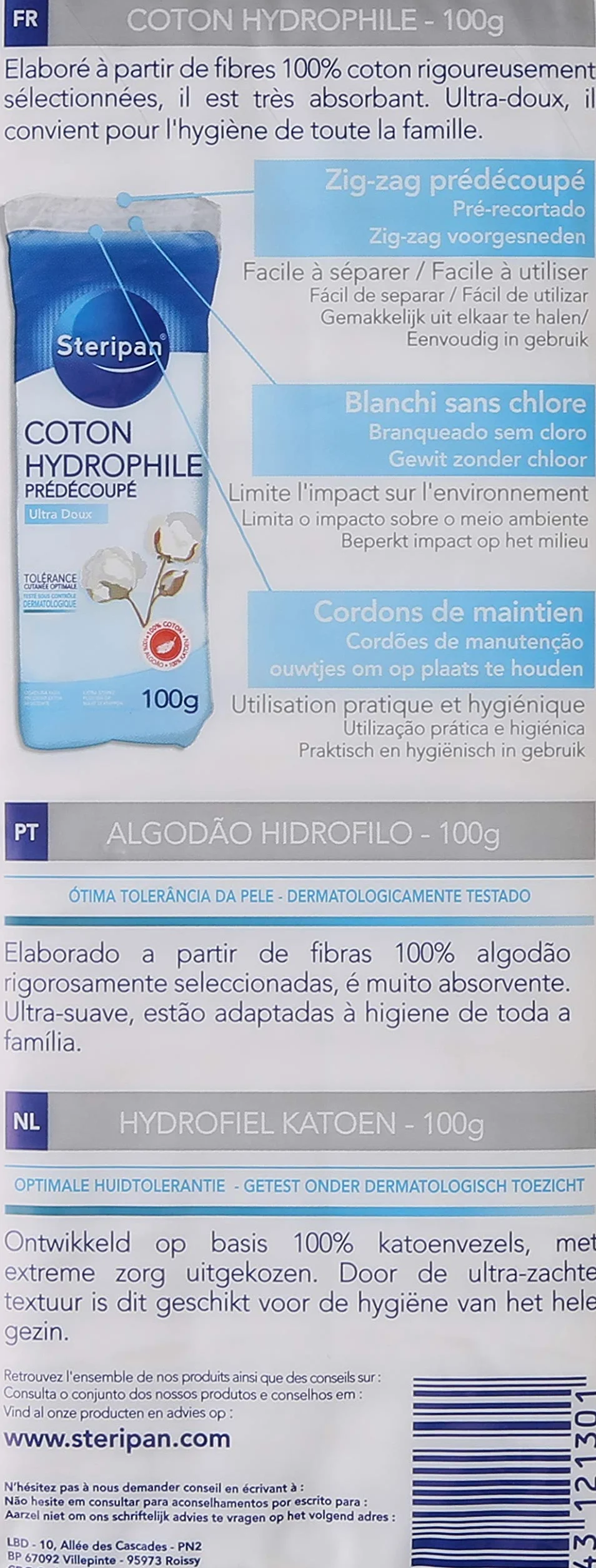 Steripan Coton Hydrophile Dermatologique Prédécoupé 100% coton 100g