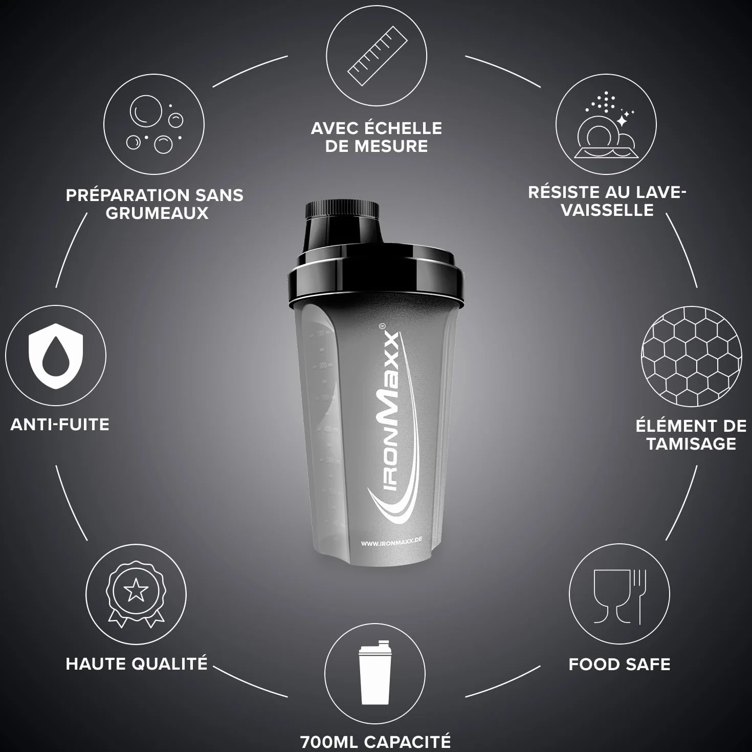 IronMaxx Shaker Protéine Noir Nuit 700 ml Anti-fuite sans BPA
