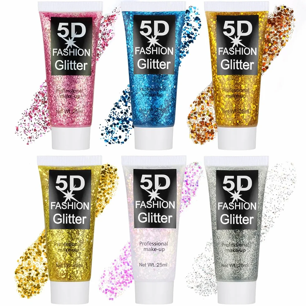 Gel Paillettes Visage 6PCS 25g Paillette Cheveux Corps Liquide Cosmétique Lèvres Ongles Festival Fête Maquillage Décoration